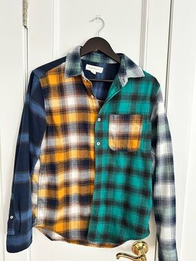 Aeropostale Split-Panel Plaid Button-Down Shirt - Yellow & Teal